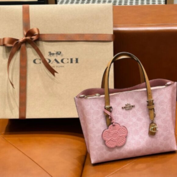 Coach Handbags - Coach Mollie Tote Bag 25 In Signature Canvas With Charms Gold/Powder Pink CER24